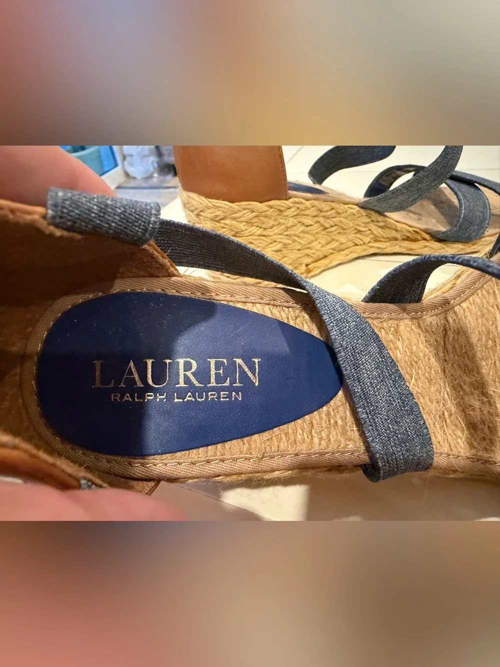 Ralph Lauren Blue Denim Espadrille Wedge Sandals with Brown Heel